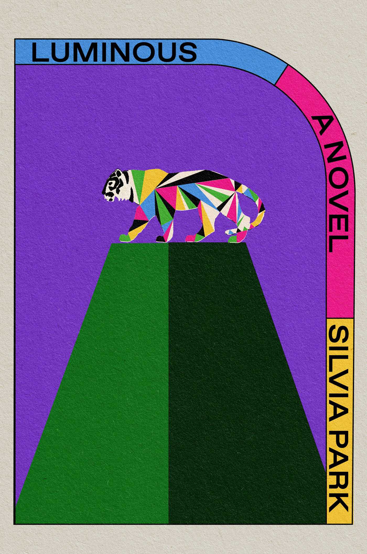 Book cover of Luminous by Silvia Park, featuring a cream background, with a rainbow-colored tiger standing on a two-toned green pyramid platform against a purple sky, and a blue/pink/yellow ribbon in a curved shape showing the title and author of the book along the edge of the sky.