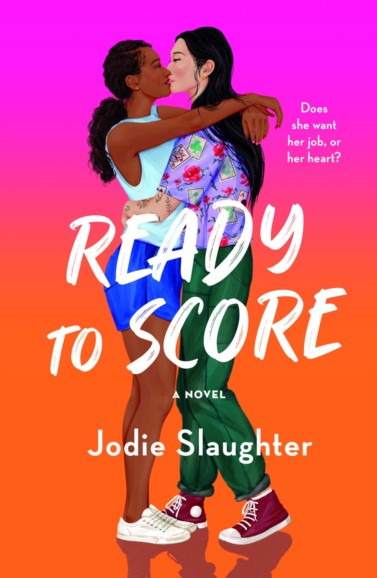 Book cover for Ready to Score by Jodie Slaughter, with a pink to orange ombre (lesbian flag) background, showing a black and and asian woman embracing. The black woman is wearing blue athletic shorts and a white tank top, and her hair is long and natural, tied back in a low ponytail. The asian woman is wearing a patterned loose blouse, and green khaki pants rolled at the ankles. Her hair is long, straight, and loose.