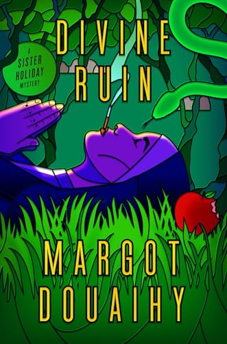 Book cover for Divine Ruin by Margot Douaihy. The background is a deep leafy green, with a snake on the right side and grass at the bottom. In the center of the cover in a deep bluish-purple is a nun laying on the ground, with her hands folded on her chest. She has a lit cigarette in her mouth and an apple lies near her head.