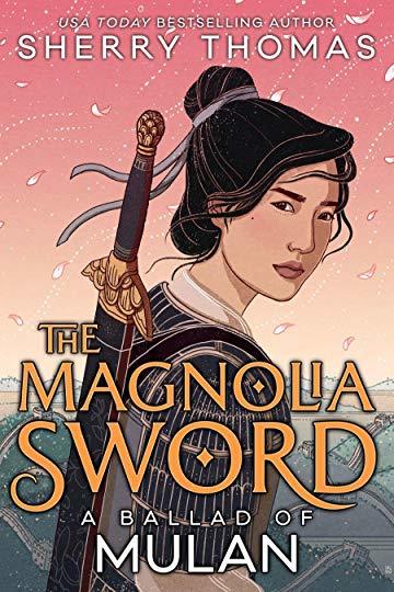 Book cover for The Magnolia Sword, featuring an asian person with a topknot and a sword on their back looking past the viewer. In the bakground is a peach sky with the sun setting or rising and the great wall of China going over hills and valleys.