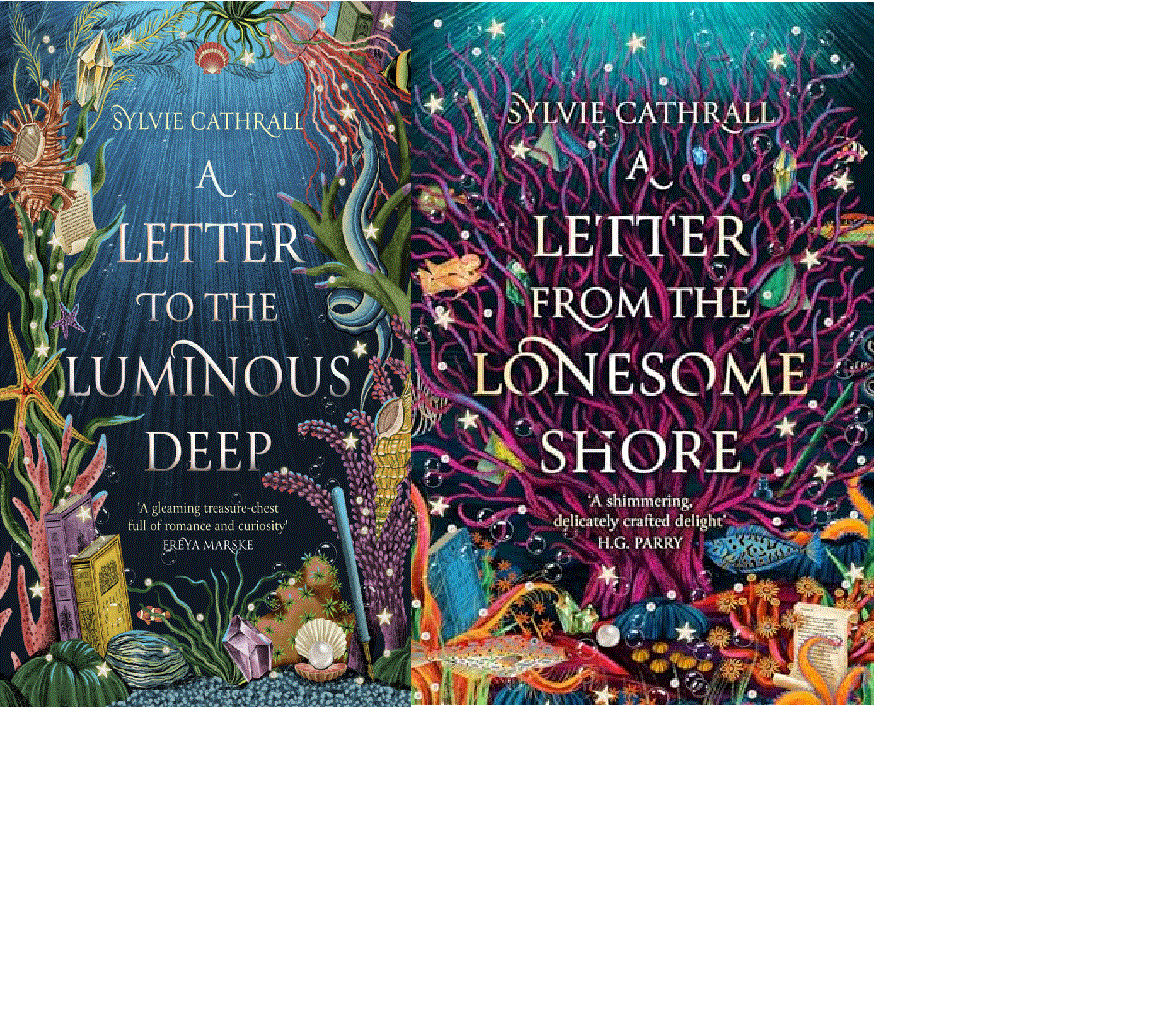 Book covers for A Letter To the Luminous Deep and a Letter from the Lonesome Shore by Sylvie Cathrall. Both covers feature an underwater scene with deep blue in the center fading to lighter blue at the top. Around the edges of the cover are various sea creatures and plants, along with shells, letters, and other items mentioned in the books