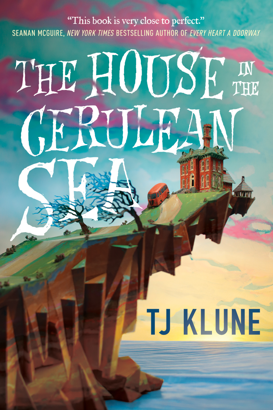 Book cover for The House in the Cerulean Sea by TJ Klune; The background is a blue and lavender sky with the book title in white lettering, above a craggy part of land extended over the sea. At the very tip of the land is a small house and outbuilding standing alone.