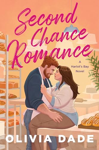 Book cover for Second Chance Romance by Olivia Dade. The background is peachy-yellow with bakery racks on the left and work tables. A dark-haired fat woman is sitting on a work table. she's wearing coffee-colored pants and a blue shirt with a white sweater over it. Standing between her legs is a red-haired man with a beard and mustache, wearing jeans and a blue waffle-weave shirt, with an apron over it.