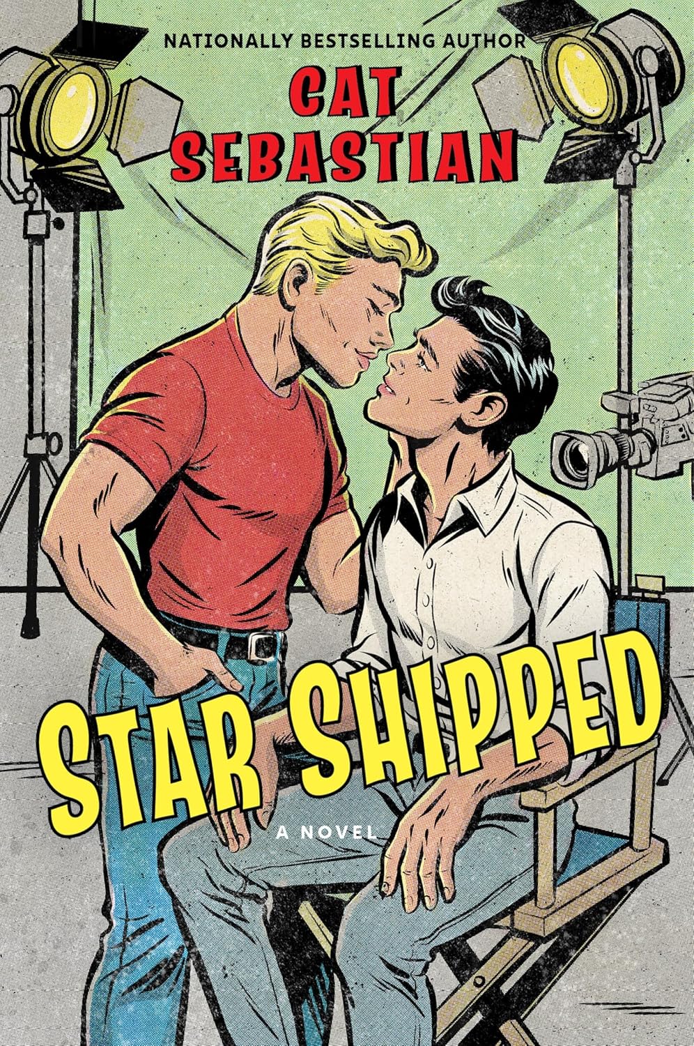 Book cover for Star Shipped, by Cat Sebastian, featuring a green screen background and production lights. Two white men are close to each other in the foreground. One is blonde, standing, and is leaning his face close to the other, who is sitting on a director's chair looking up at the other.