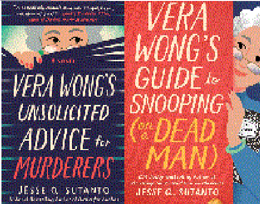 Book covers for both Vera Wong books by Jesse Q. Sutanto. The first book is black with a gray-haired woman peeking from behind window blinds. The second book is a mostly orange cover with a white-haired woman with glasses peeking from behind a door.