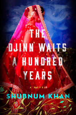 Book cover for The Djinn Waits a Hundred Years by Shubnum Khan. The title background is a dark blue starry sky, with a woman in profile. She has dark hair in a bun, and she's wearing a red sari and blouse and sheer dupatta covering most of her head and body. At the bottom of the cover are green vines. The title is in white capital letters.