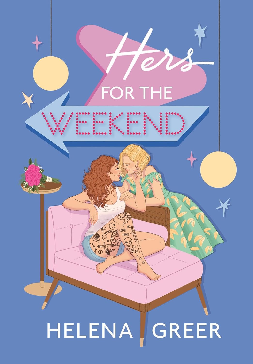 Book cover for Hers for the Weekend by Helena Greer. The background is a medium blue, and the title is at the top in a diner-script style. Two white women embrace on a pink chaise lounge. A red-haired woman with long, tattooed legs, wearing jean shorts and a white tank top is sitting on the chaise. Leaning close to her is a blonde, bobbed woman wearing a green cotton dress with a full, tea-length skirt.