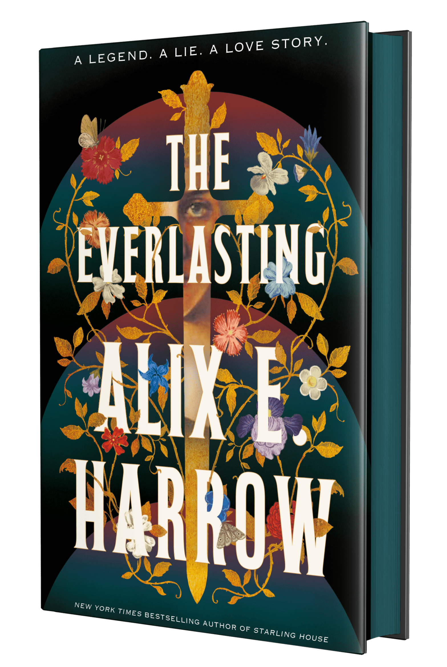 Book cover of The Everlasting by Alix E. Harrow. The background is black; the title sand author are in white. In the center is a golden sword with a partial image of a face in the reflection. Surrounding the sword are tendrils of leaves and flowers in various colors.