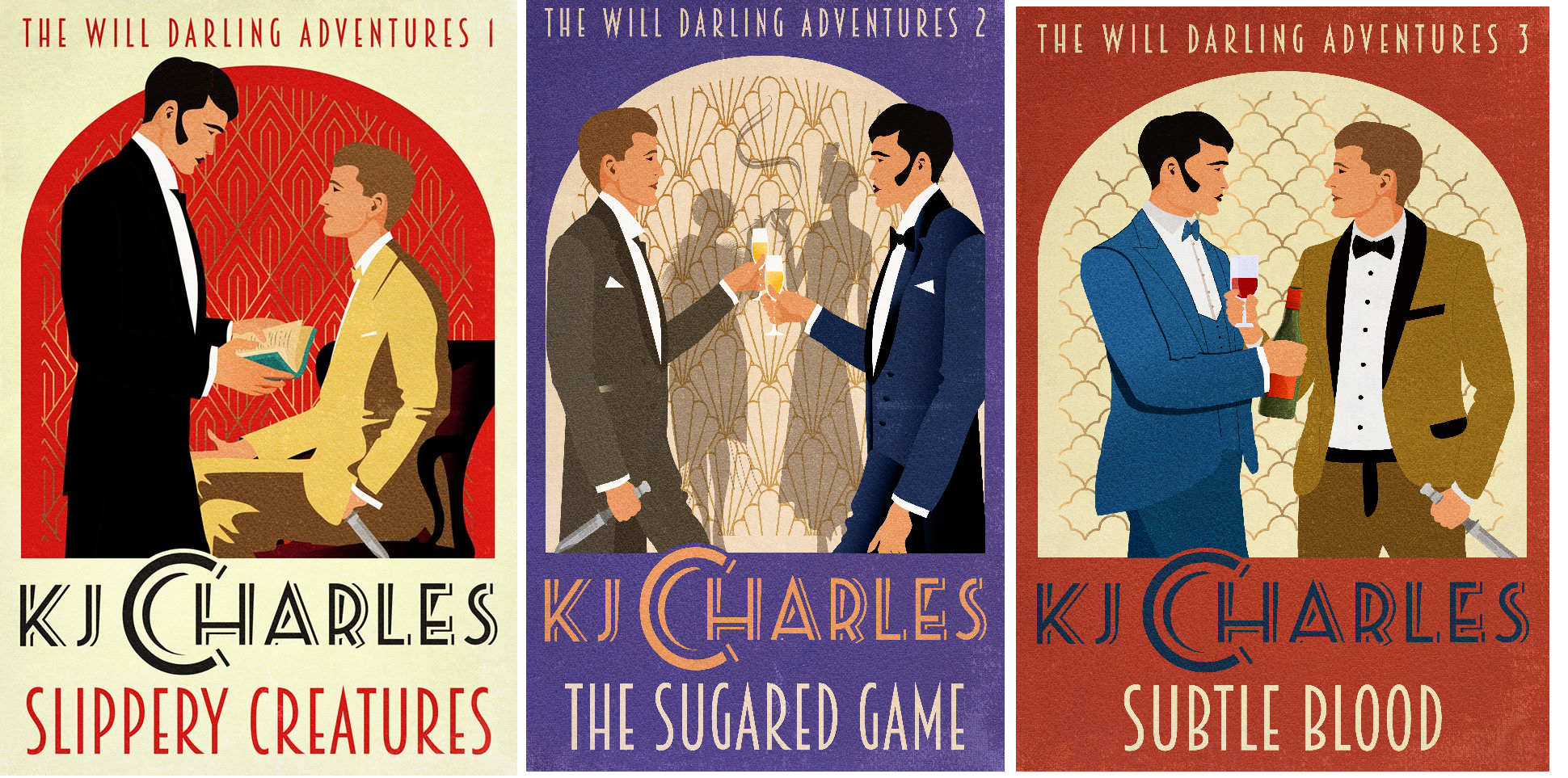 Book covers for the Will Darling Adventures by KJ Charles: Slippery Creatures, The Sugared Game, and Subtle Bood. Each features a drawing of a dark-haired, tall, and slim man with sideburns, and a broader, shorter man with light brown hair. The shorter man is always holding a large knife, and they are always facing each other.